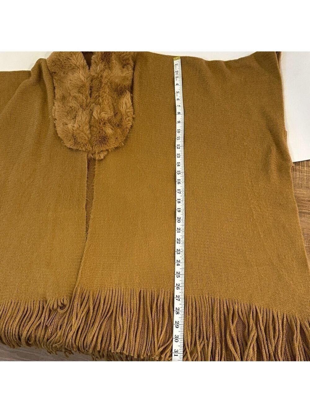 Vince Camuto Faux Fur Collar Camel color Cape/Poncho, 5” Fringe on Lower Hem - Picture 15 of 16